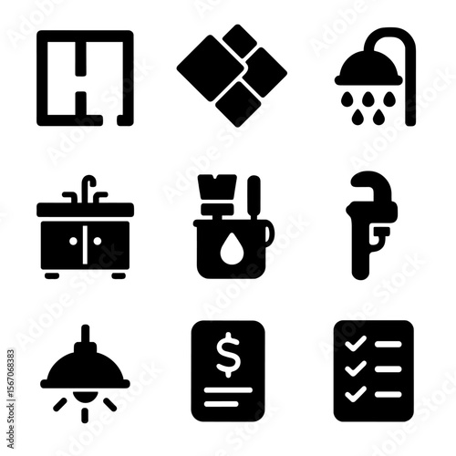 Bathroom Renovation Icons. Solid, filled icons set of bathroom renovation plan: floor plan, tile sample,