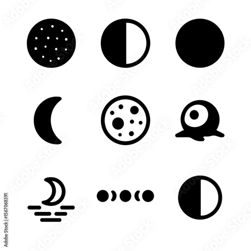 Lunar Icon Set. Solid, filled icon set of lunar symbolism: full moon, half moon, new moon, crescent, lunar surface, moon crater,