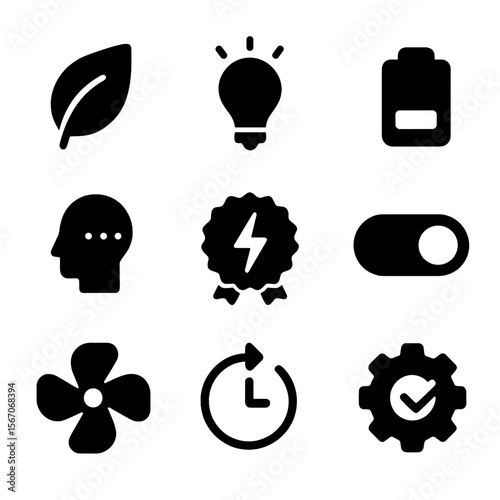 Energy-Saving Icon Set. Solid, filled icons set of energy-saving tips and settings: eco leaf, dimmed light,