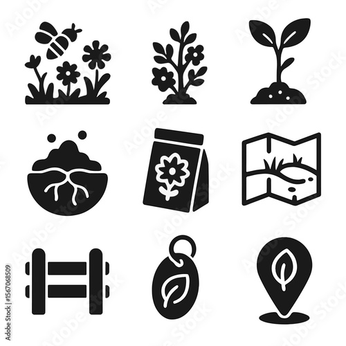 Bee Habitat Icons. Solid, filled icons set of bee habitat restoration: meadow icon, hedgerow plant, tree