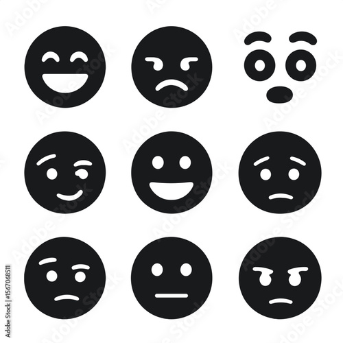 Facial Expression Icons. Solid, filled icons set of facial expressions in performance: laughing face, frown