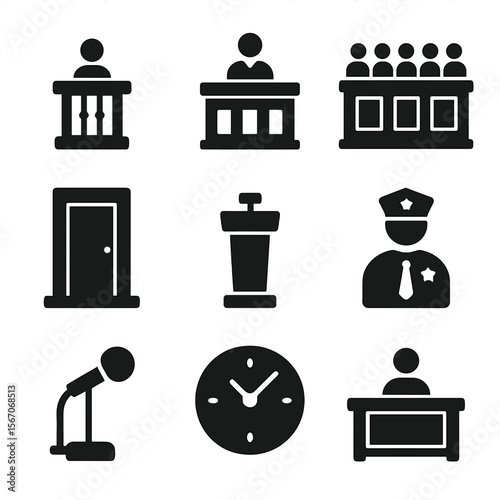 Courtroom Icons Set. Solid, filled icon set of courtroom elements: witness stand, judge bench, jury box, courtroom door, legal