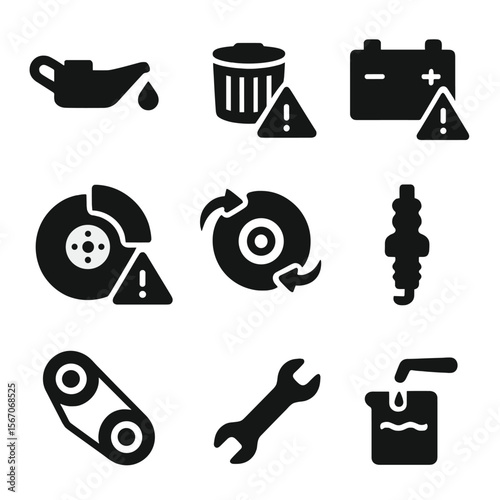 Maintenance Alert Icons. Solid, filled icon set of maintenance alerts: oil change icon, air filter warning, battery replacement,