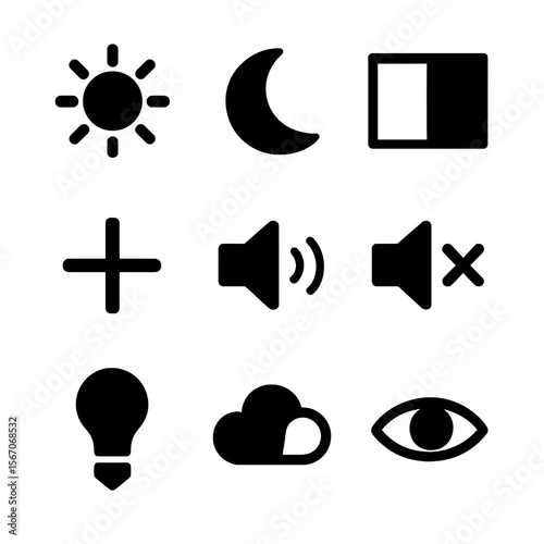 Contrasting Icons Grid. Solid, filled icon set of maximum contrast elements: sun and moon, black and white square, plus and minus,