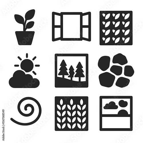 Biophilic Design Icons. Solid, filled icons set of biophilic design graphics: indoor plant, open window, leaf