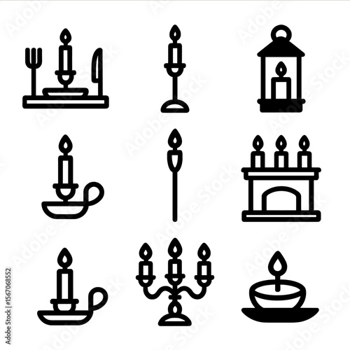 Candle Holder Icon Set. Solid, filled icon set of candle holder settings: dining table candle holder, altar candle stand, outdoor
