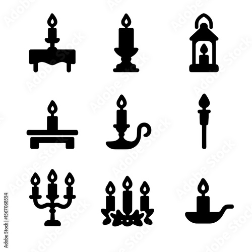 Candle Holder Icon Set. Solid, filled icon set of candle holder settings: dining table candle holder, altar candle stand, outdoor