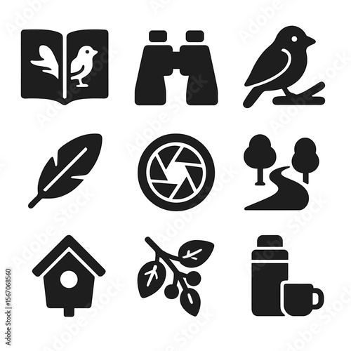 Birdwatching Essentials Icons. Solid, filled icons set of birdwatching outings: field guide, binoculars,
