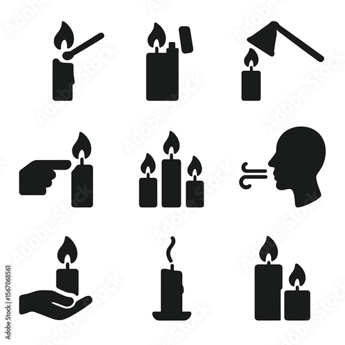 Candle Lighting Icons. Solid, filled icon set of candle lighting techniques: matchstick, lighter, candle snuffer, wick lighting,