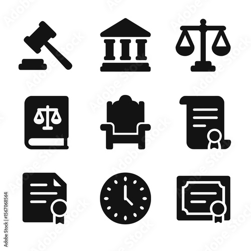 Courtroom Icons Grid. Solid, filled icon set of courtroom decorum: gavel, courthouse building, scales of justice, legal book,