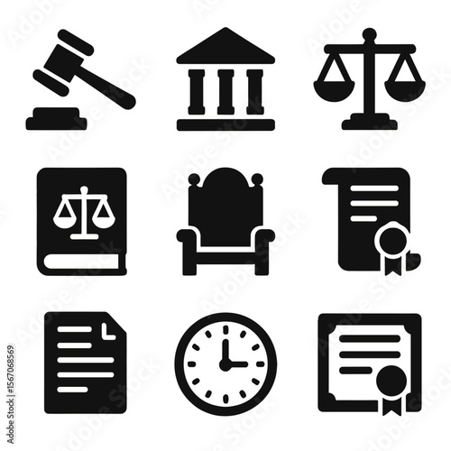 Courtroom Icons Grid. Solid, filled icon set of courtroom decorum: gavel, courthouse building, scales of justice, legal book,