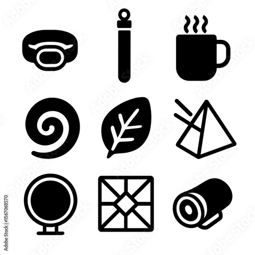 Color-Changing Icons. Solid, filled icon set of color changing objects: mood ring, glow stick, heat sensitive mug, chameleon tail,