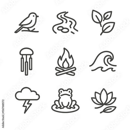 Nature Sound Icons. Outline icon set of nature soundscapes and relaxation: bird on branch, flowing stream, rustling leaves, wind