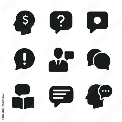 Communication Style Icons. Solid, filled icon set of communication styles: persuasive, interrogative, declarative, exclamatory,