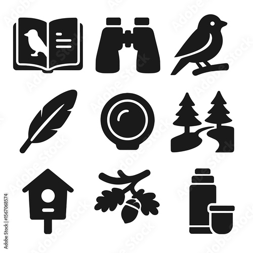 Birdwatching Essentials Icons. Solid, filled icons set of birdwatching outings: field guide, binoculars,