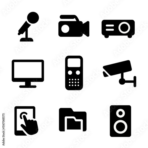 Courtroom Technology Icons. Solid, filled icon set of courtroom technology: microphone, video camera, projector, computer, digital