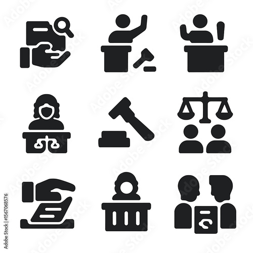 Courtroom Icons Grid. Solid, filled icon set of courtroom activities: evidence review, objection, testimony, verdict, appeal,
