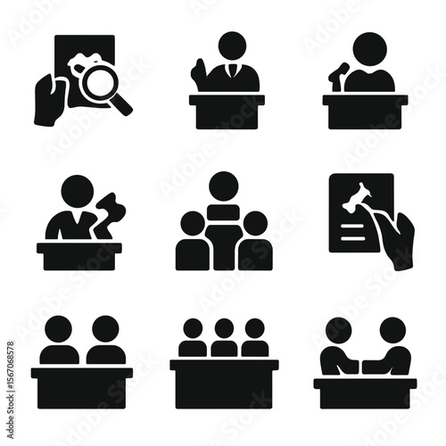Courtroom Icons Grid. Solid, filled icon set of courtroom activities: evidence review, objection, testimony, verdict, appeal,
