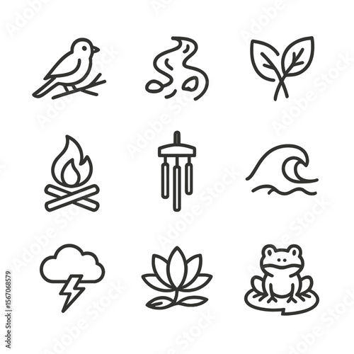 Nature Sound Icons. Outline icon set of nature soundscapes and relaxation: bird on branch, flowing stream, rustling leaves, wind