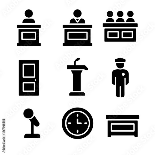 Courtroom Icons Set. Solid, filled icon set of courtroom elements: witness stand, judge bench, jury box, courtroom door, legal
