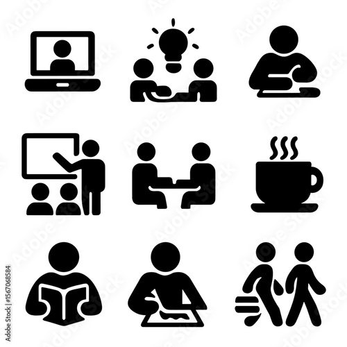 Coworking Activities Icons. Solid, filled icon set of coworking activities: video call, brainstorming, writing, presentation,