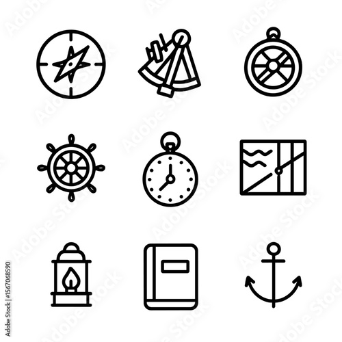 Nautical Navigation Icons. Outline icon set of nautical navigation history: compass, sextant, astrolabe, ship’s wheel, chronometer