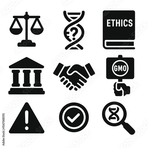 Bioethics Icons Grid. Solid, filled icons set of bioethics in GMOs: balance scale, DNA question mark, ethics