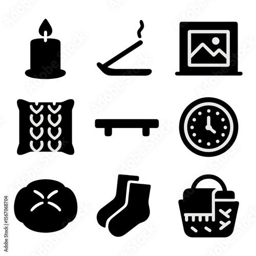 Cozy Nook Icons. Solid, filled icon set of cozy nook accessories: candle, incense stick, photo frame, knitted pillow, wall shelf,