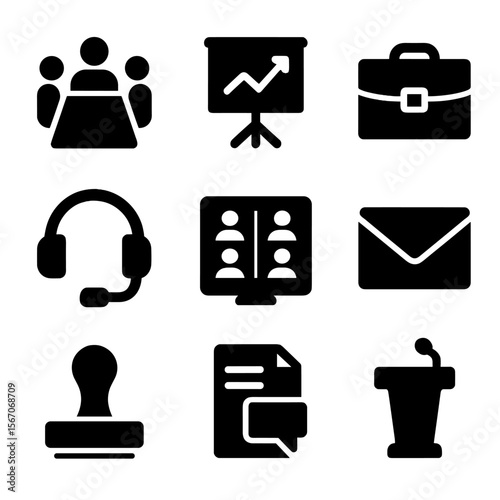 Business Icon Set. Solid, filled icon set of business communication: meeting table, presentation board, briefcase, headset,