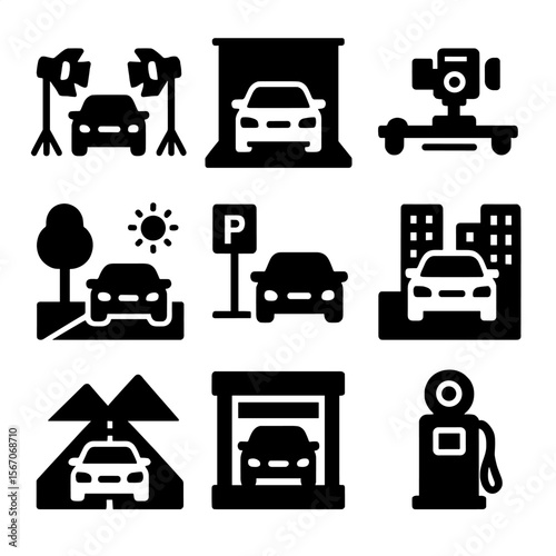 Car Photo Settings Icons. Solid, filled icon set of car photo shoot settings: studio lights, backdrop, camera slider, outdoor