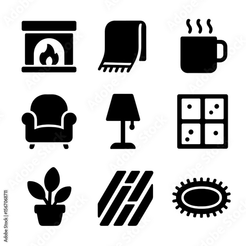 Cozy Home Icons. Solid, filled icon set of cozy home atmosphere: fireplace, warm blanket, steaming mug, soft chair, glowing lamp,