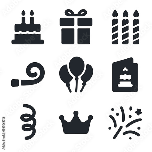 Birthday Celebration Icons. Solid, filled icons set of birthday celebrations: birthday cake, wrapped gift,