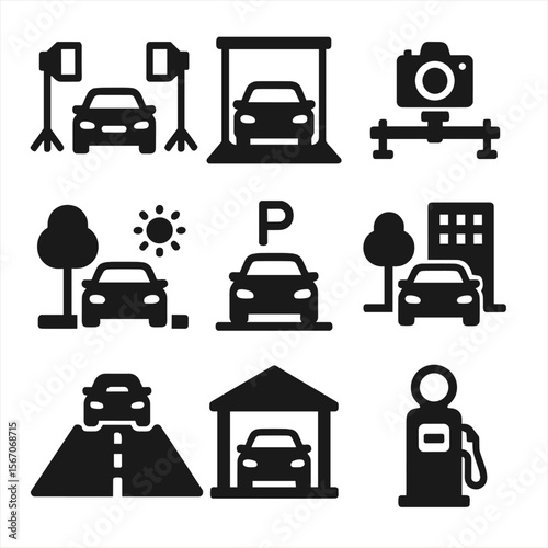 Car Photo Settings Icons. Solid, filled icon set of car photo shoot settings: studio lights, backdrop, camera slider, outdoor