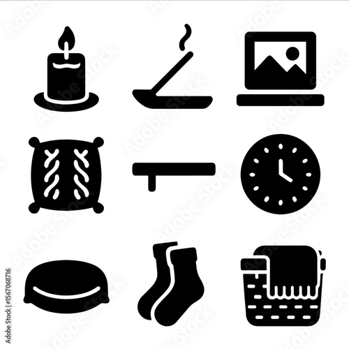 Cozy Nook Icons. Solid, filled icon set of cozy nook accessories: candle, incense stick, photo frame, knitted pillow, wall shelf,
