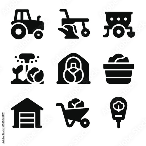 Cabbage Farming Icons. Solid, filled icon set of cabbage farming equipment: tractor, plow, seed drill, irrigation system,