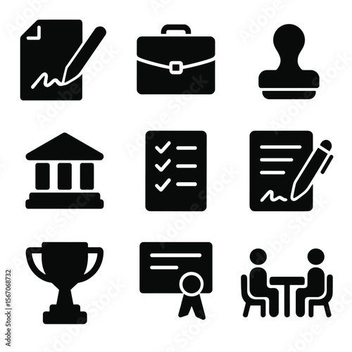 Business Trust Icons. Solid, filled icon set of trust in business: contract signing, briefcase, approval stamp, bank building,