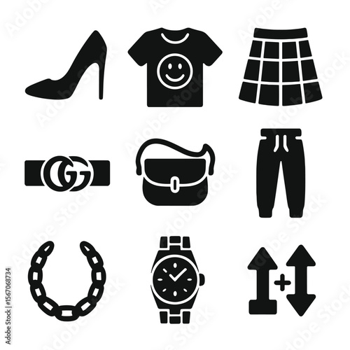 Fashion Icon Grid. Solid, filled icons set of high-low fashion mixes: branded heels, graphic tee, plaid skirt,