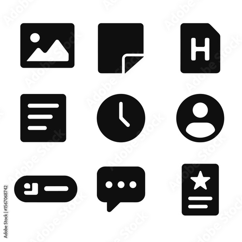 Blog Icons Grid. Solid, filled icons set of blog and article layout: featured banner, sticky post, headline
