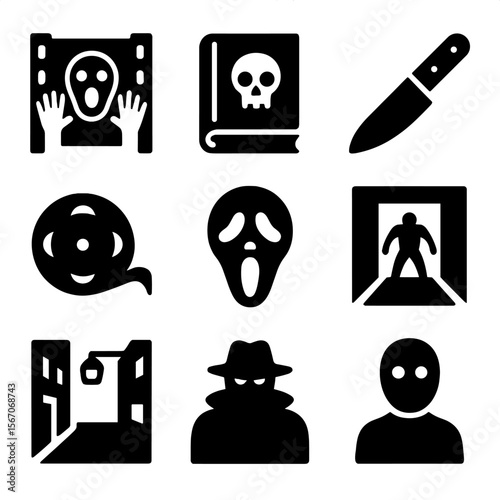 Fear Fiction Icons. Solid, filled icons set of fear in media and fiction: jump scare frame, horror book,