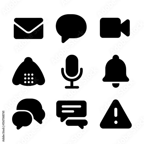 Communication Icon Grid. Solid, filled icon set of communication technology: email, chat bubble, video call, conference phone,