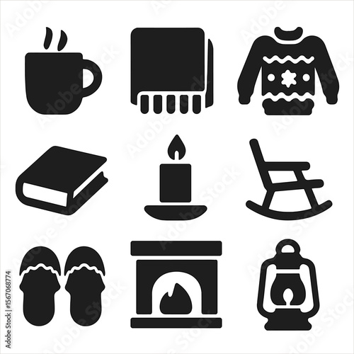 Cozy Winter Essentials Icons. Solid, filled icon set of cozy winter items: hot cocoa mug, wool blanket, knitted sweater, book,
