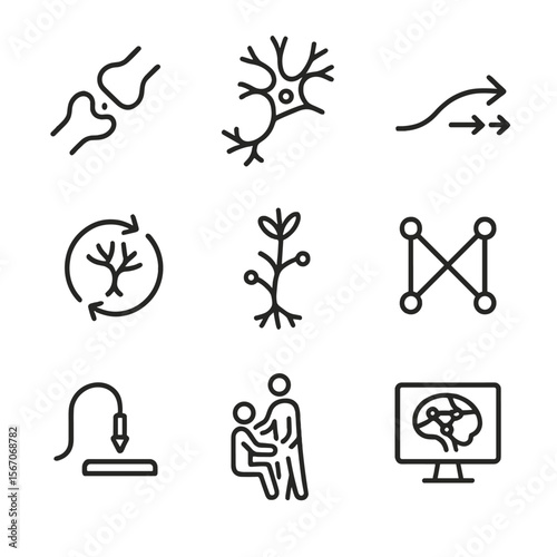 Neural Connectivity Icons. Outline icon set of neural connectivity and plasticity: synapse connection nodes, neuron branching