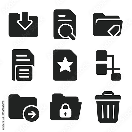 File Management Icons. Solid, filled icons set of file management tools: upload folder, search document,