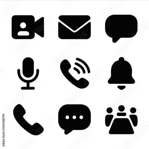 Communication Icons Grid. Solid, filled icon set of communication devices: video call, email envelope, chat bubble, microphone,