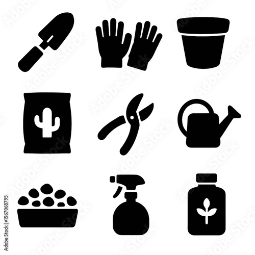 Cactus Garden Essentials Icons. Solid, filled icon set of cactus garden essentials: garden trowel, gloves, clay pot, cactus soil