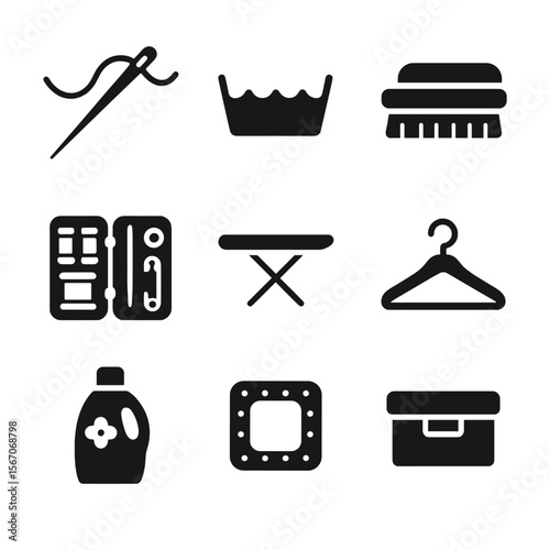 Care Icons Grid. Solid, filled icon set of robe and sandal care: needle and thread, washing basin, fabric brush, sewing kit,