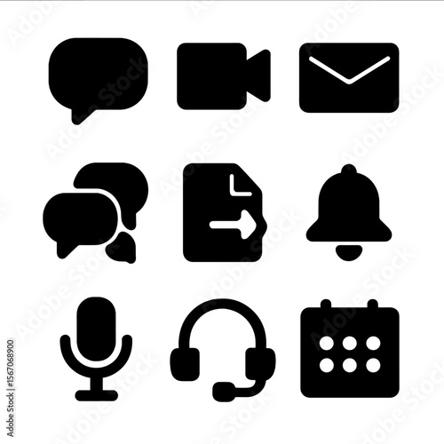 Communication Tools Icons. Solid, filled icon set of communication and collaboration tools: chat bubble, video call, email, group
