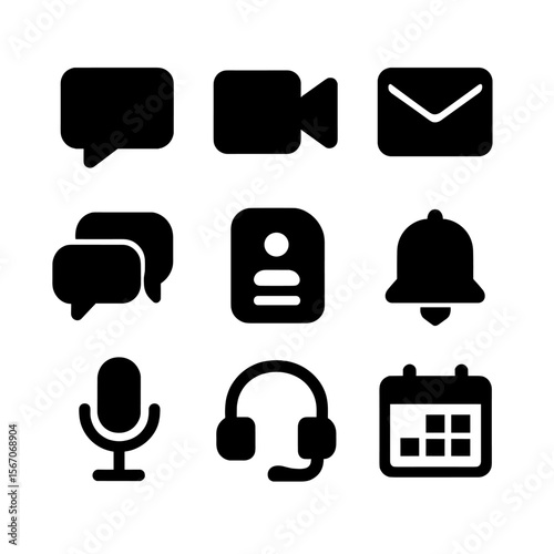 Communication Tools Icons. Solid, filled icon set of communication and collaboration tools: chat bubble, video call, email, group