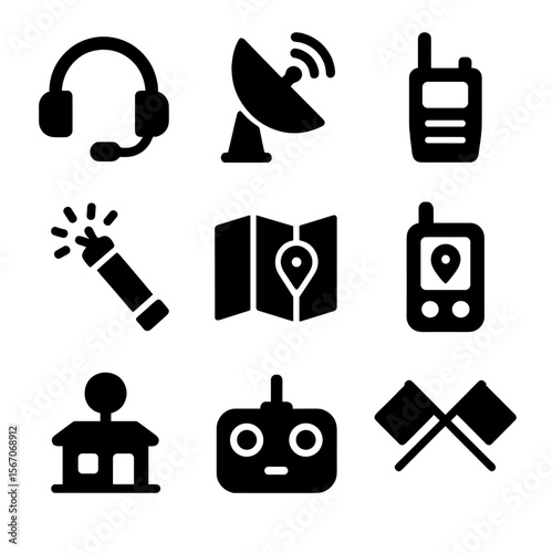 Communication Tools Icons. Solid, filled icon set of communication tools: radio headset, satellite dish, walkie-talkie, signal