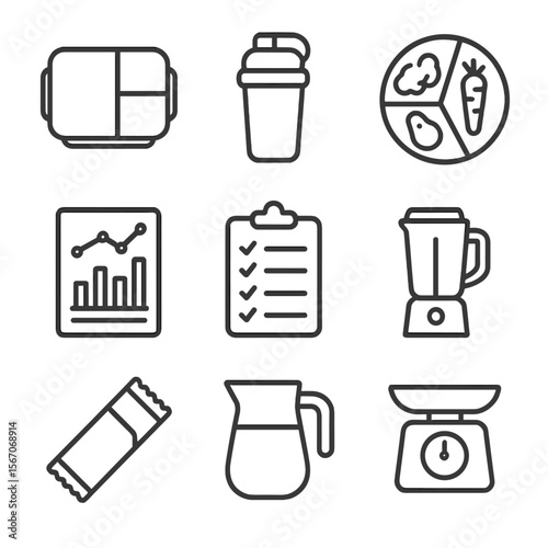 Nutrition Icons Set. Outline icon set of nutrition and meal planning: meal prep container, protein shake bottle, portion plate
